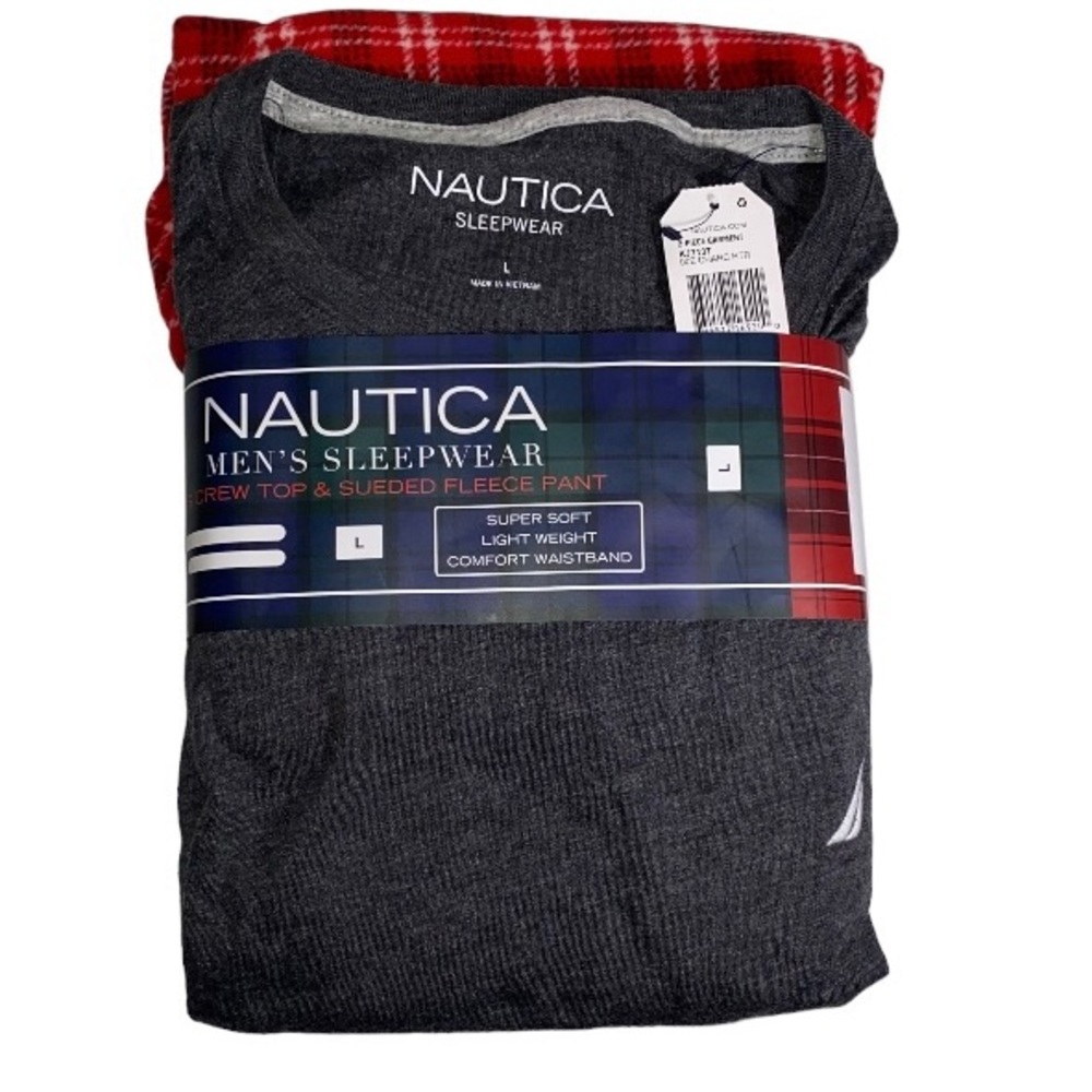 Nautica Men’s Sleepwear Set Short Sleeve Gray Top Plaid Fleece Pants Size Large